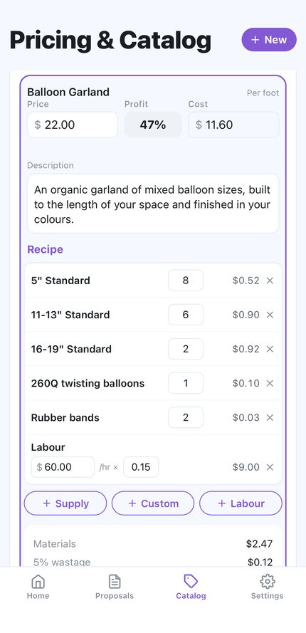 The Pricing and Catalog screen with a balloon garland recipe open.