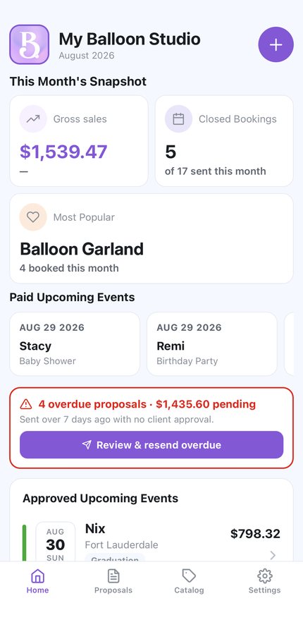 The home dashboard showing gross sales, closed bookings and upcoming events.