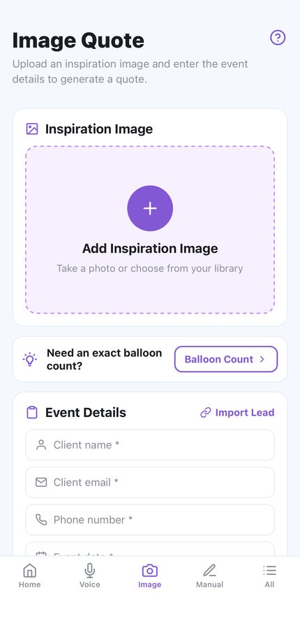 The Image Quote screen, where an inspiration photo and the event details are entered.