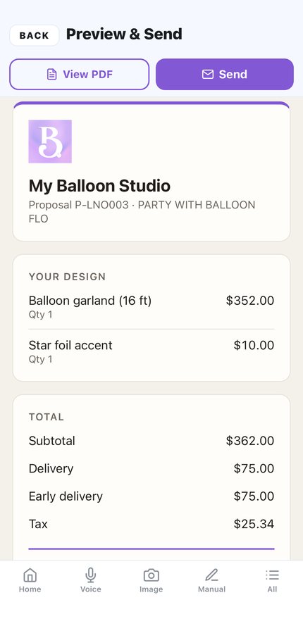 A finished proposal showing line items, delivery, tax and a total due.